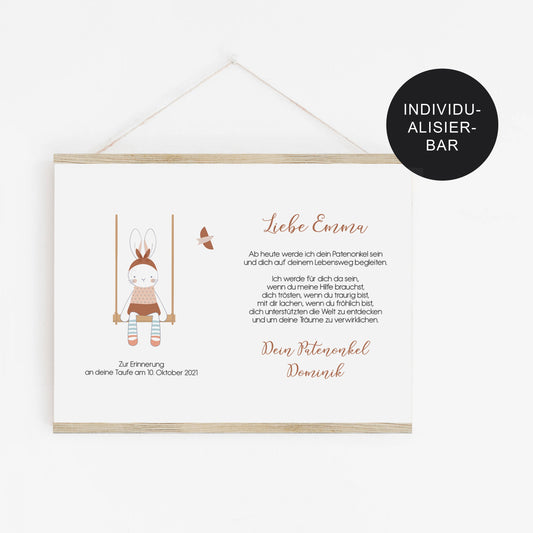 Patenbrief Hase personalisiertes Geschenk Taufe an das Patenkind