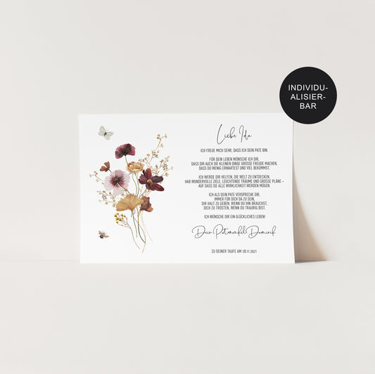 Patenurkunde Wiesenblumen personalisiert Taufgeschenk an das Patenkind