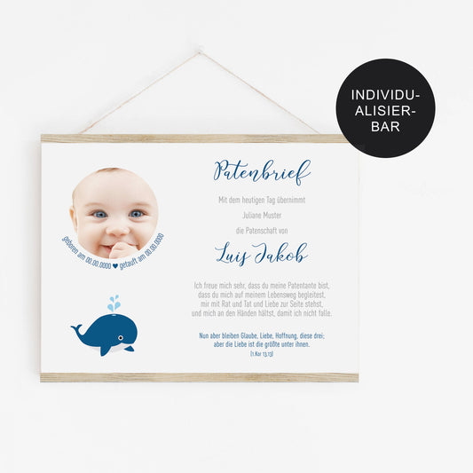 Patenbrief/Patenurkunde personalisiert Wal – Patengeschenk zur Taufe