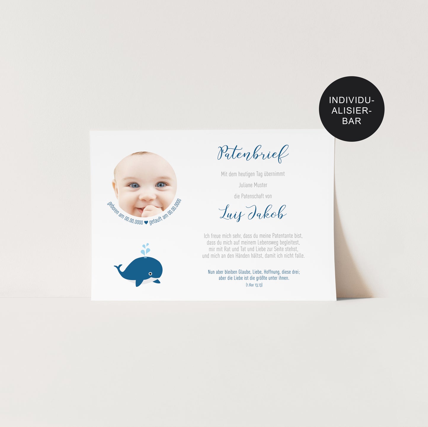 Patenbrief/Patenurkunde personalisiert Wal – Patengeschenk zur Taufe