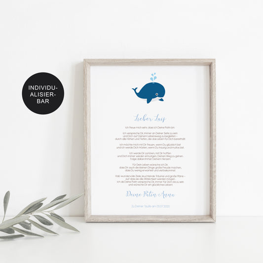 Patenbrief Wal personalisiert an das Patenkind als Taufgeschenk