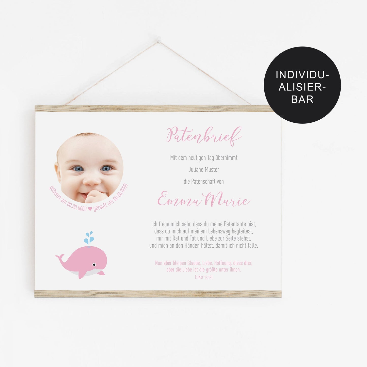 Patenbrief/Patenurkunde personalisiert Wal – Patengeschenk Mädchen