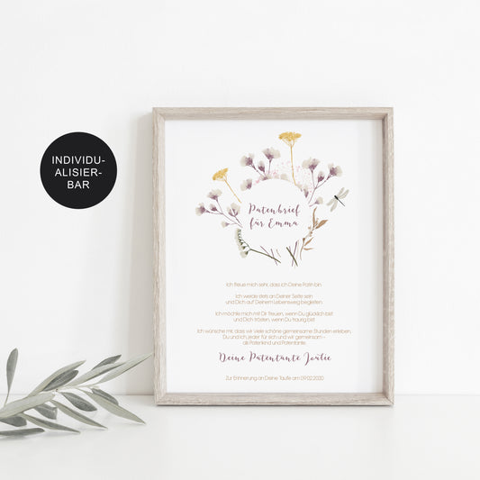 Patenurkunde Wiesenblumen personalisiert – Patenbrief Patenkind Taufe