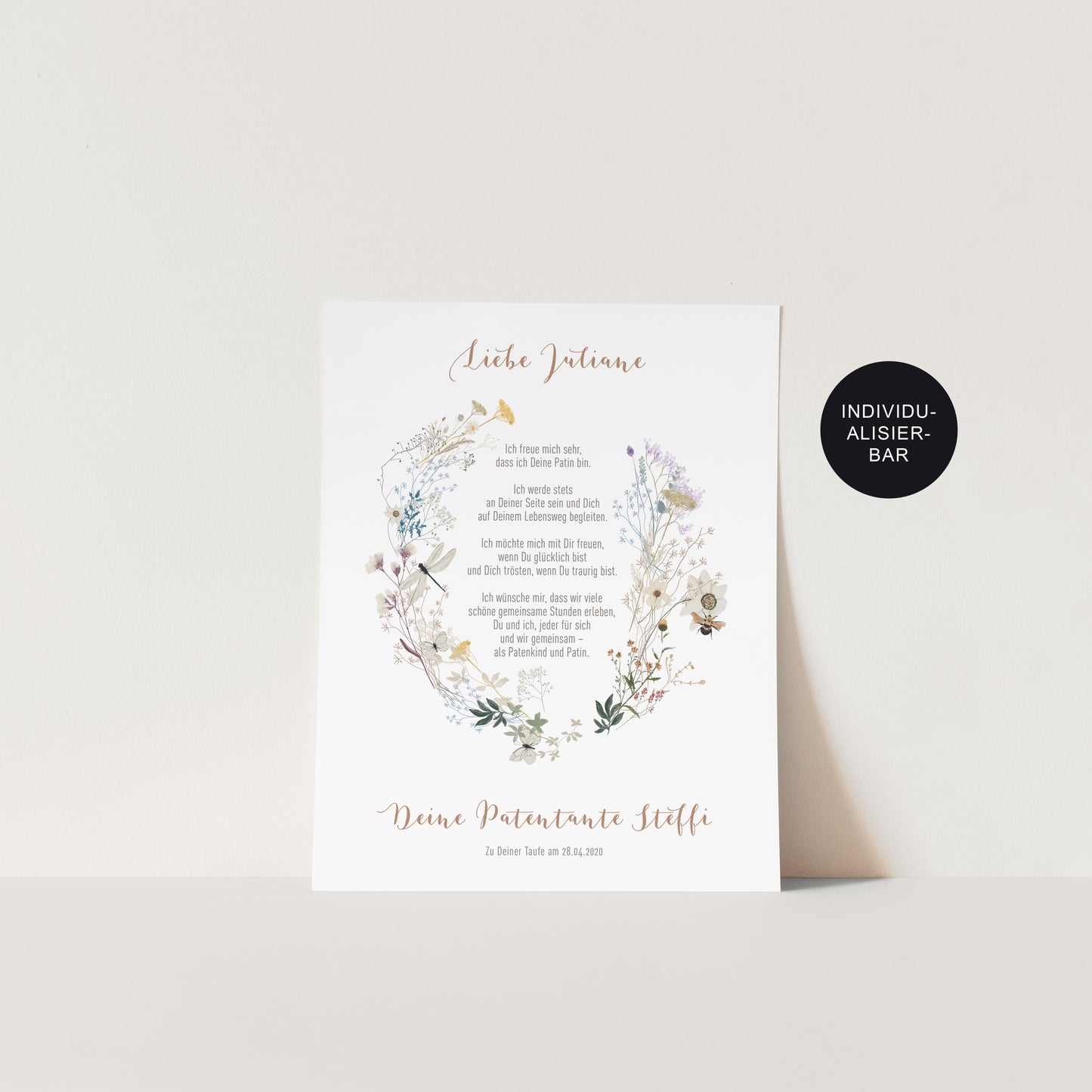 Patenbrief Wiesenblumen personalisiert an das Patenkind zur Taufe als Geschenk