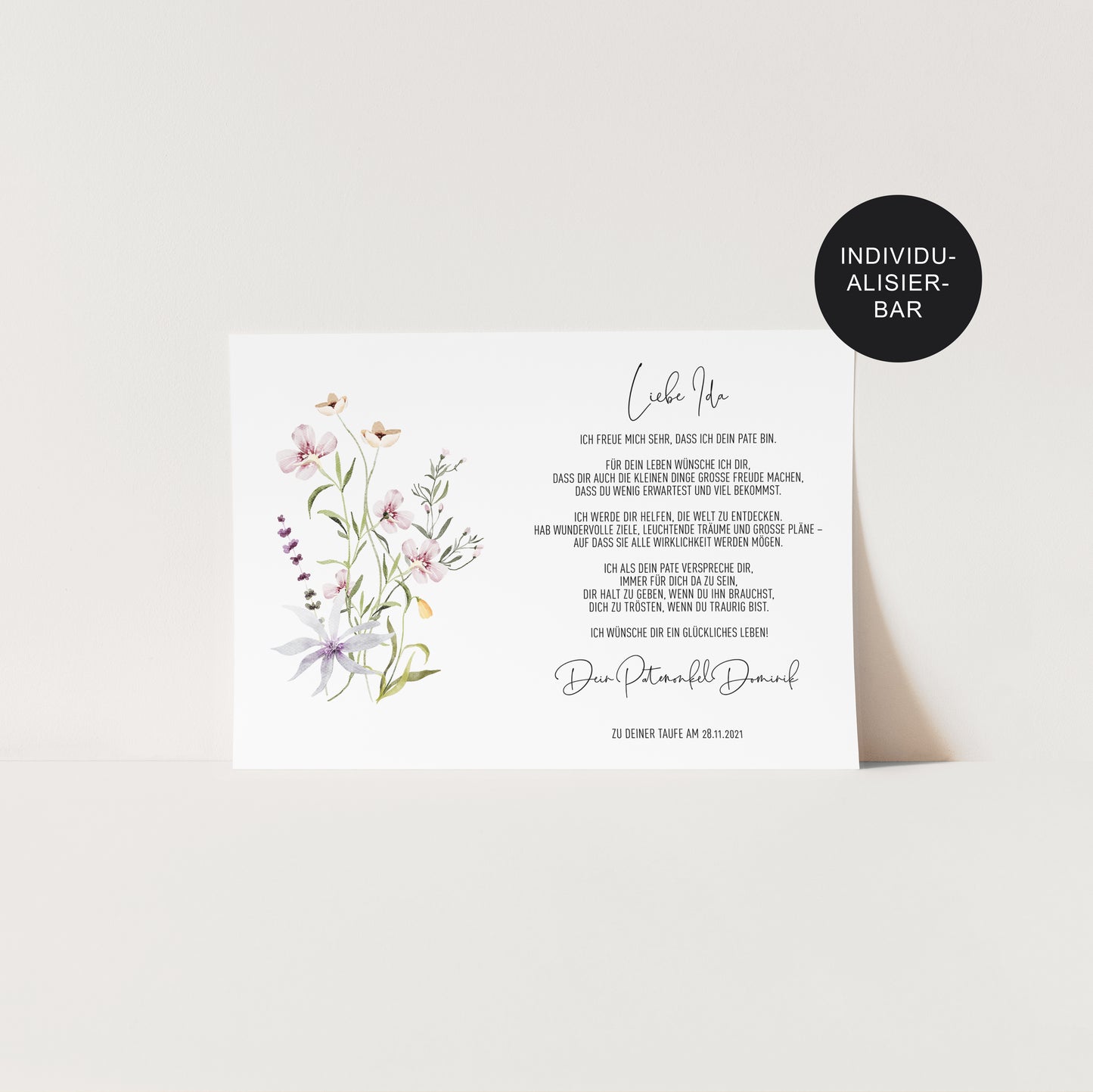 Patenbrief Wiesenblumen personalisiert Taufgeschenk Mädchen