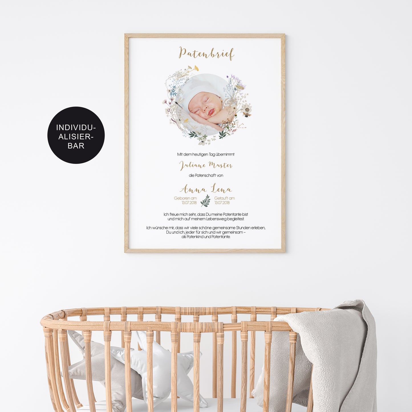 Personalisierter Taufbrief mit Wiesenblumen – Geschenk zur Taufe an die Paten