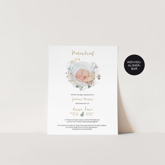 Personalisierter Taufbrief mit Wiesenblumen – Geschenk zur Taufe an die Paten