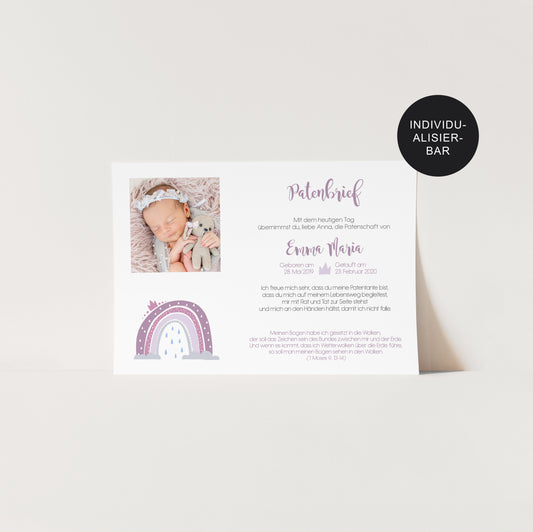 Patenbrief Regenbogen personalisiert Taufgeschenk an Paten oder Patenkind