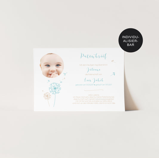 Patenurkunde Pusteblume personalisiert Geschenk Taufe an Patenkind