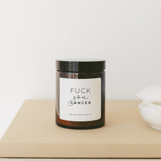 Krebspatient Geschenk Kerze "Fuck You Cancer" personalisiert Mutmacher für Krebskämpfer
