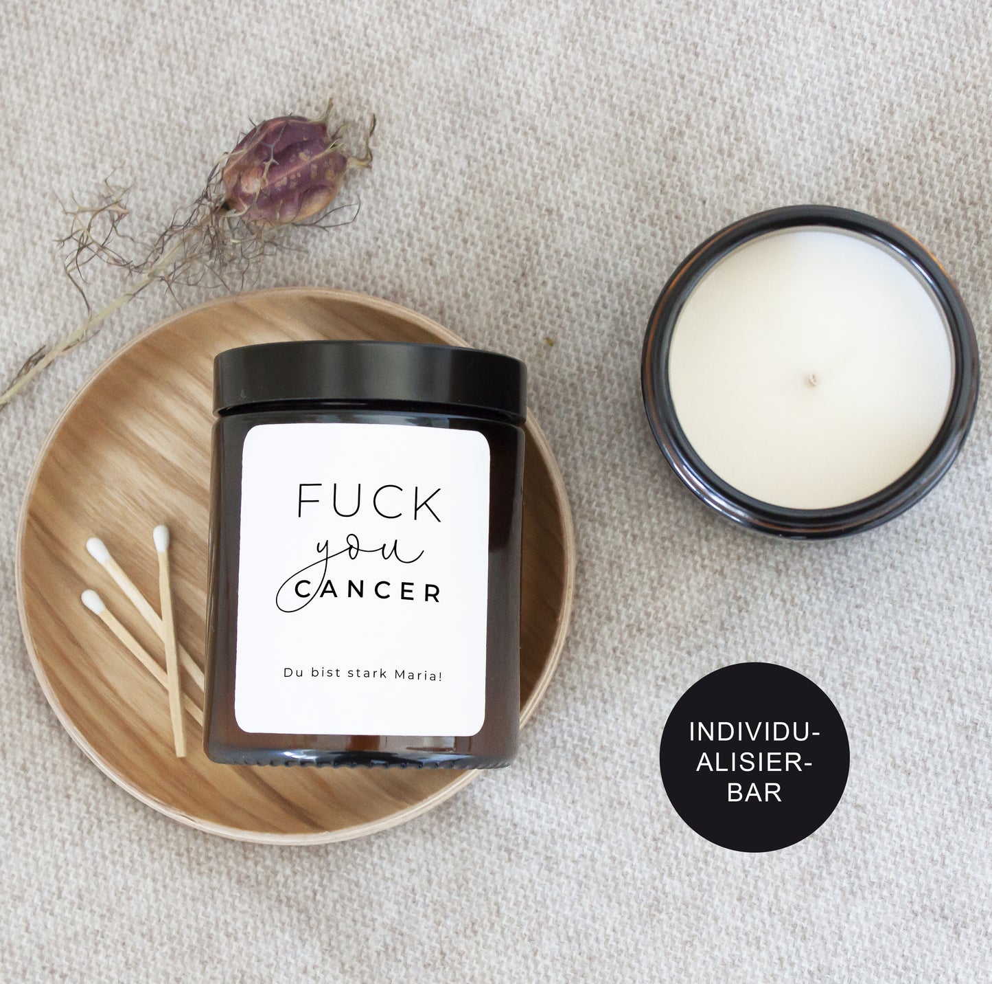 Krebspatient Geschenk Kerze "Fuck You Cancer" personalisiert Mutmacher für Krebskämpfer