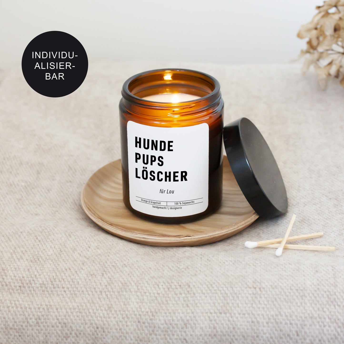 Kerze mit Spruch "Hundepups" personalisiert für Hundebesitzer als Geschenk // Hundehalter u. Hundeliebhaber Hundefurz Löscher