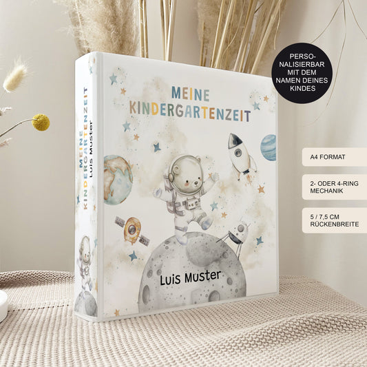 Kindergarten Ordner Astronaut Bär für Kita, Krippe oder Schule personalisiert