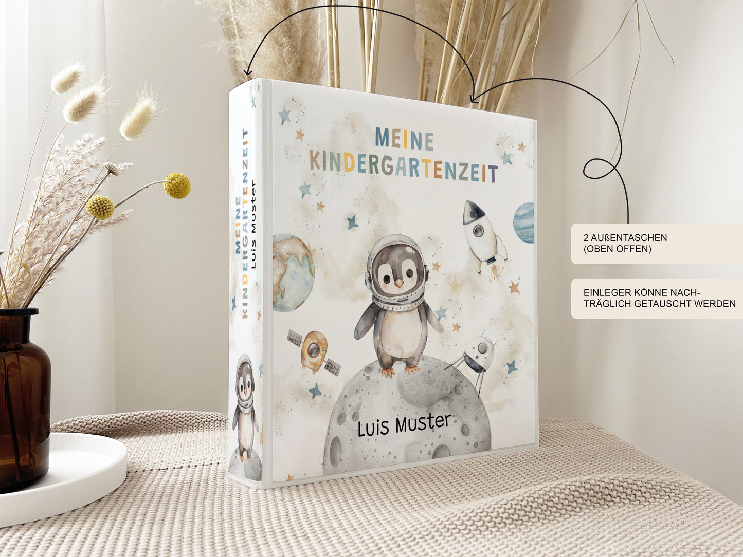 Krippen- & Kindergartenordner mit Namen | Weltraum-Pinguin | Portfolio