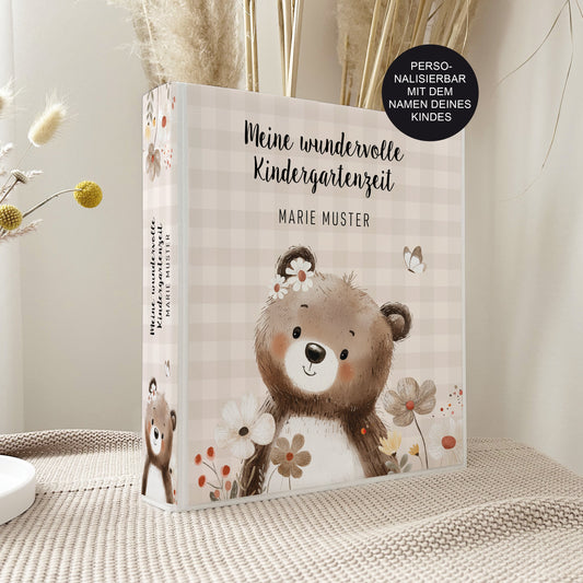 Portfolio-Ordner Kindergarten | Bär personalisiert Vichy-Karo & Blumen