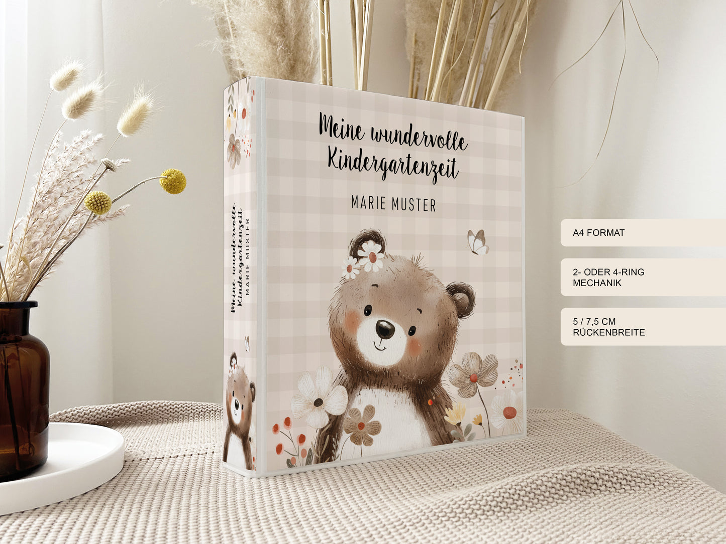 Portfolio-Ordner Kindergarten | Bär personalisiert Vichy-Karo & Blumen