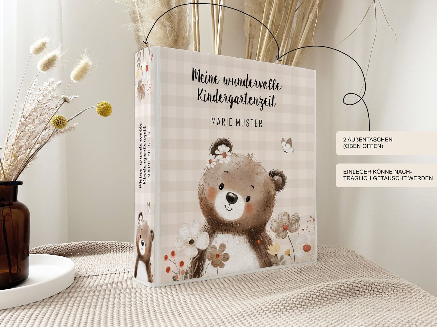 Portfolio-Ordner Kindergarten | Bär personalisiert Vichy-Karo & Blumen