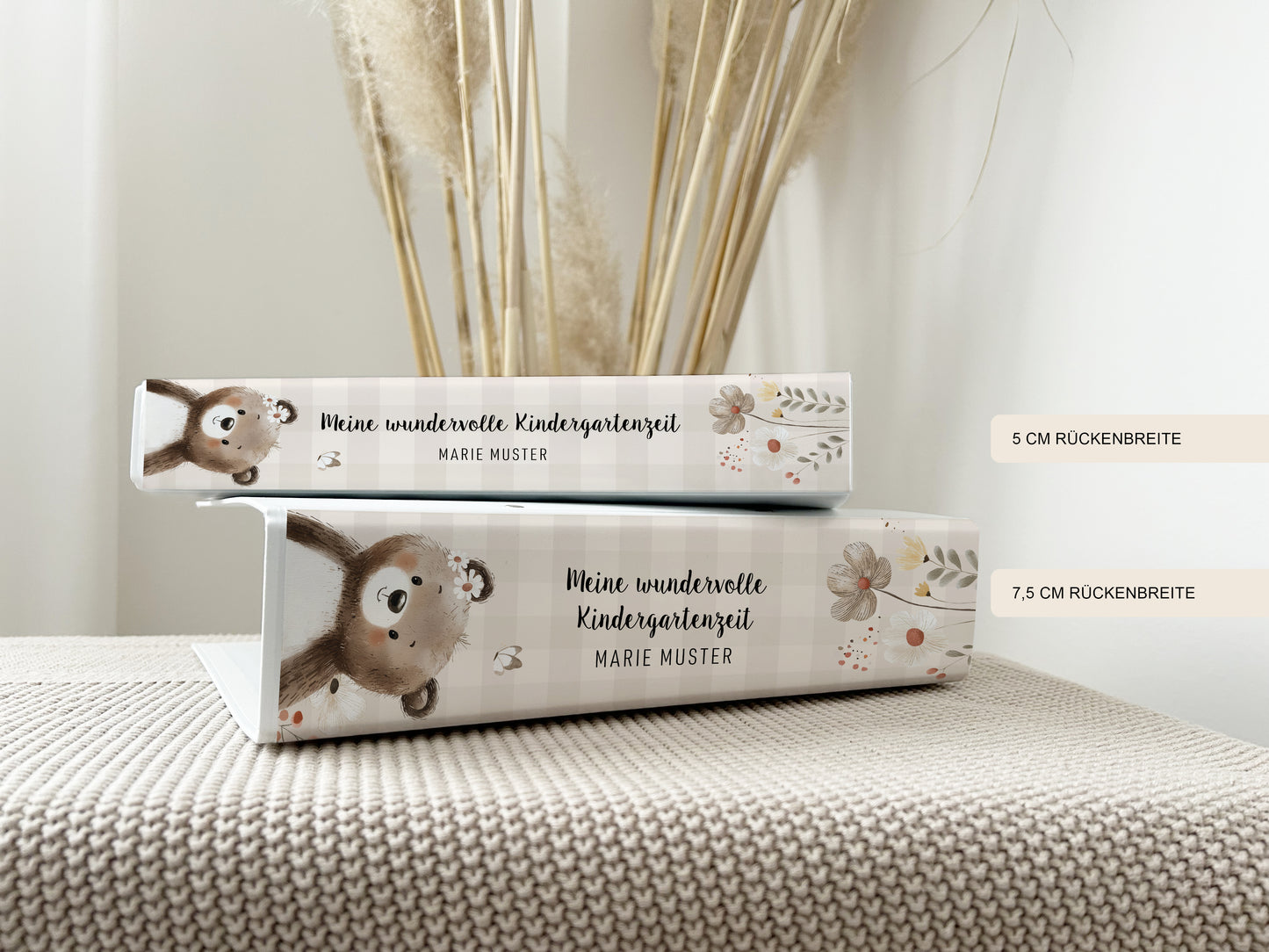 Portfolio-Ordner Kindergarten | Bär personalisiert Vichy-Karo & Blumen