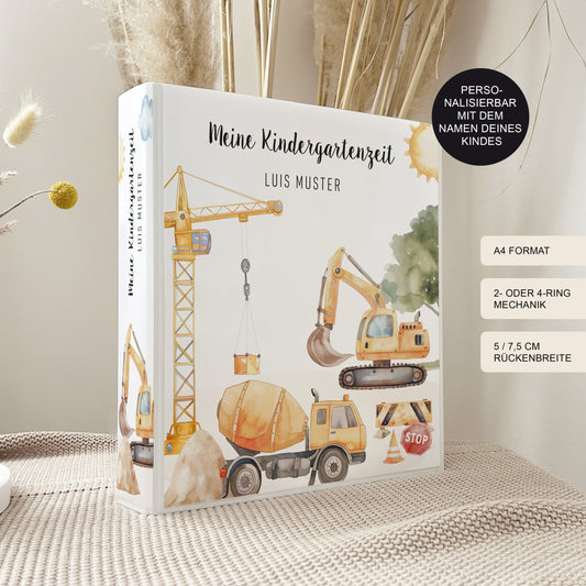 Kindergartenordner mit Namen "Baustelle" für Kita, Krippe oder Schule personalisiert