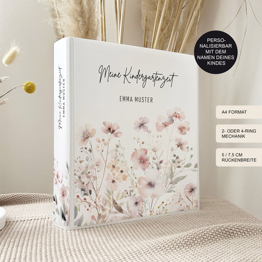 Kindergarten Ordner "Flower" personalisiert mit Namen als Geschenk / Sammelmappe und Ringordner für Krippe Schule oder Kita / DIN A4