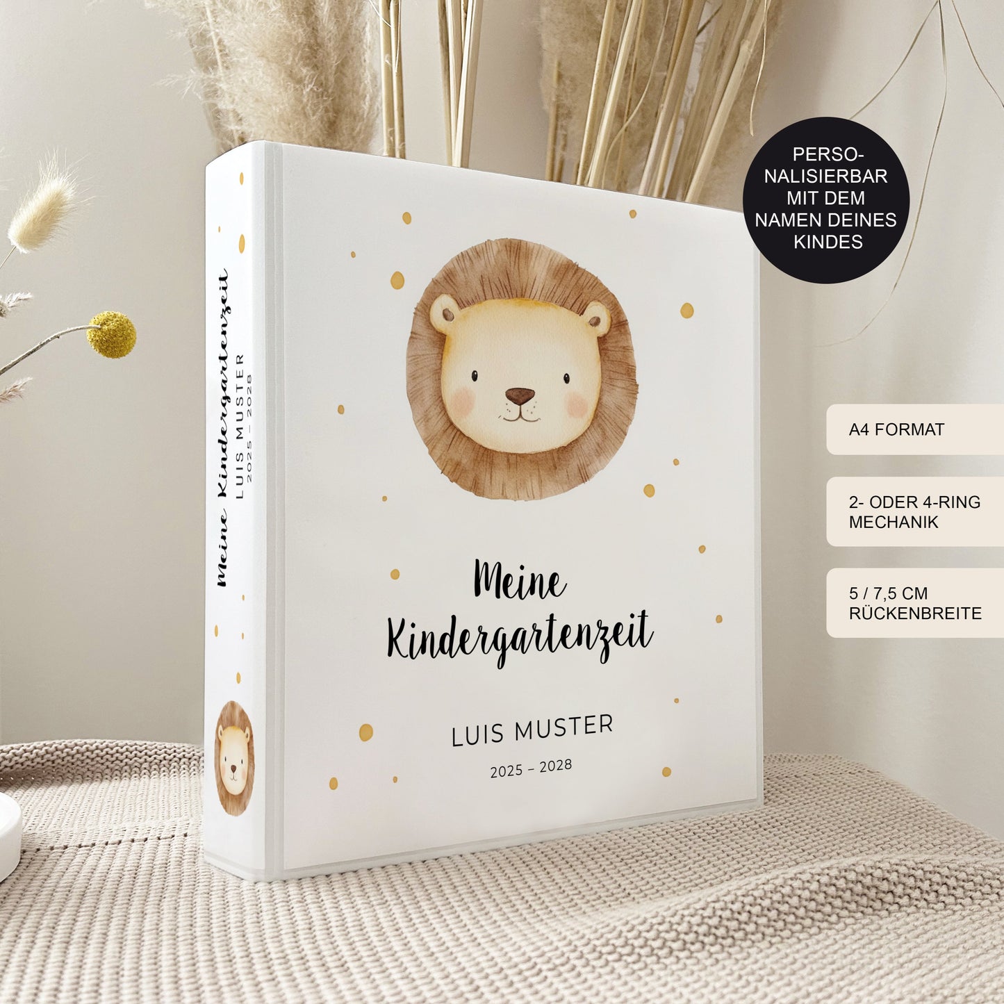 Kindergarten Ordner mit Namen LÖWE II für Kita, Krippe oder Schule personalisiert