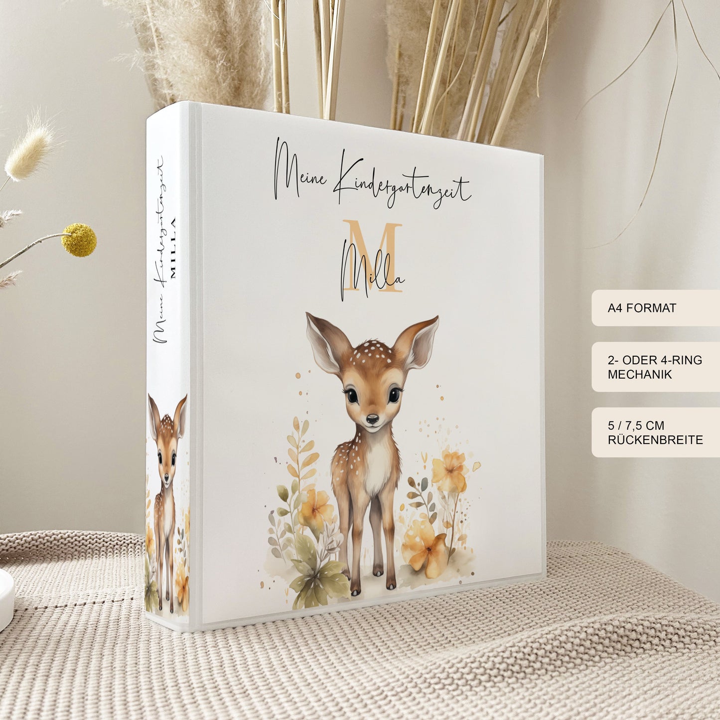 Kindergartenordner Rehkitz Blumen personalisiert / Mappe Krippe Schule oder Kita