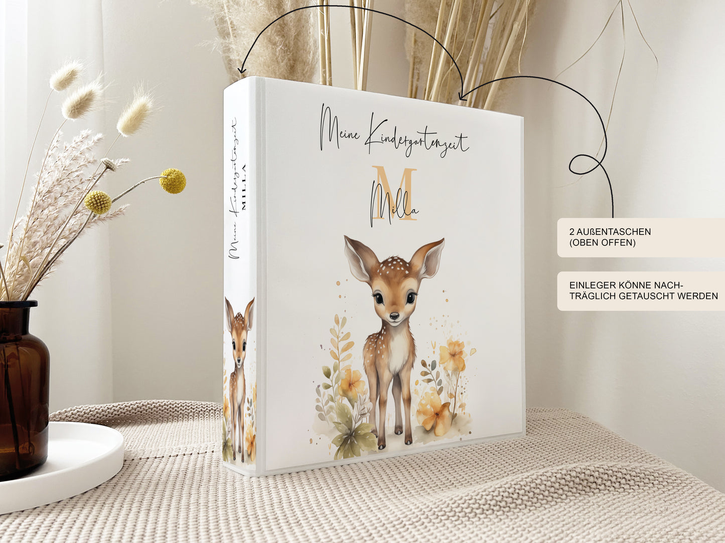 Kindergartenordner "Rehkitz Blumen" personalisiert / Mappe Krippe Schule oder Kita