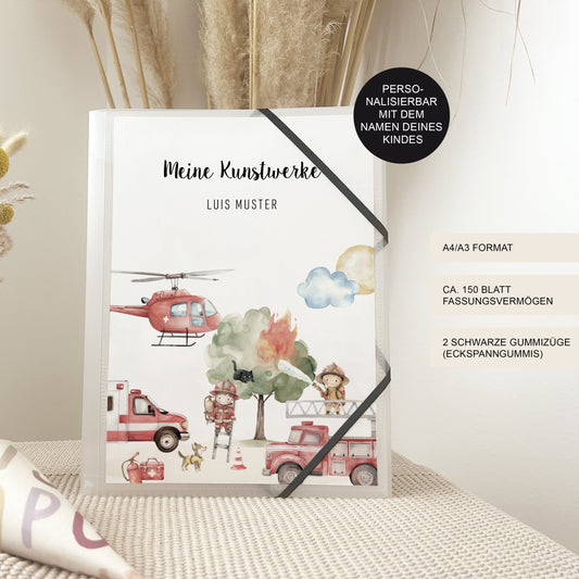 Zeichenmappe A4 & A3 "Feuerwehr" personalisiert mit Namen für Kindergarten und Schule – Sammelmappe Kunstmappe