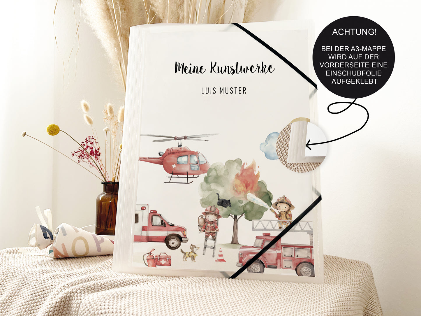 Zeichenmappe A4 & A3 "Feuerwehr" personalisiert mit Namen für Kindergarten und Schule – Sammelmappe Kunstmappe