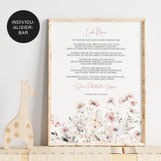 Patenbrief "Flowers" personalisiert – Geschenk zur Taufe für Mädchen