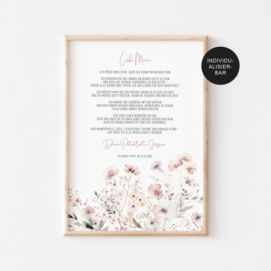 Patenbrief "Flowers" personalisiert – Geschenk zur Taufe für Mädchen