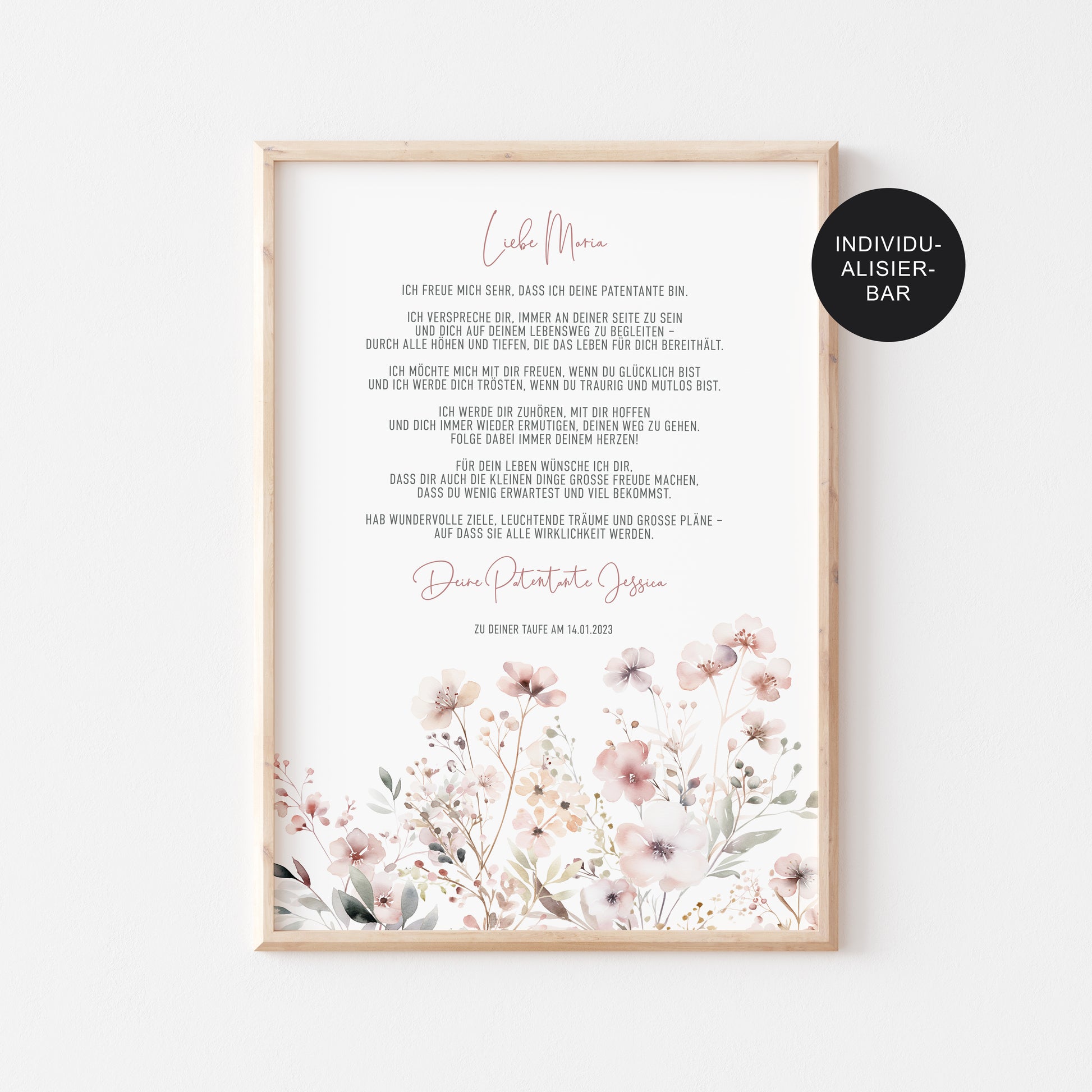 Patenbrief "Flowers" personalisiert – Geschenk zur Taufe für Mädchen