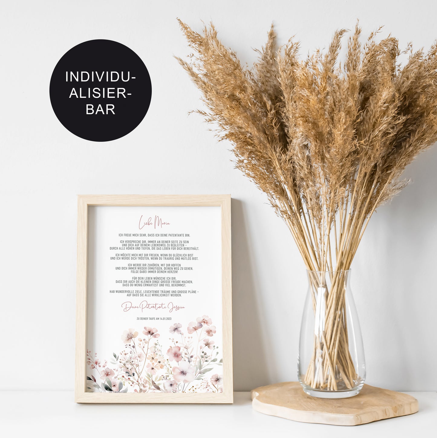 Patenbrief "Flowers" personalisiert – Geschenk zur Taufe für Mädchen