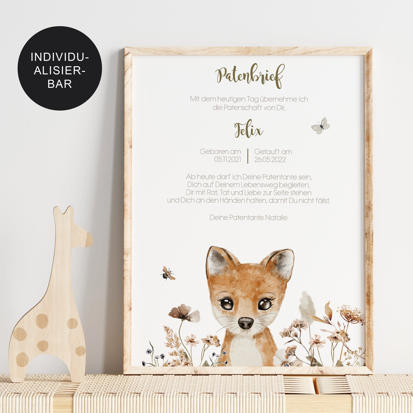 Patenbrief "Fuchs" personalisiert – Geschenk zur Taufe Patenkind