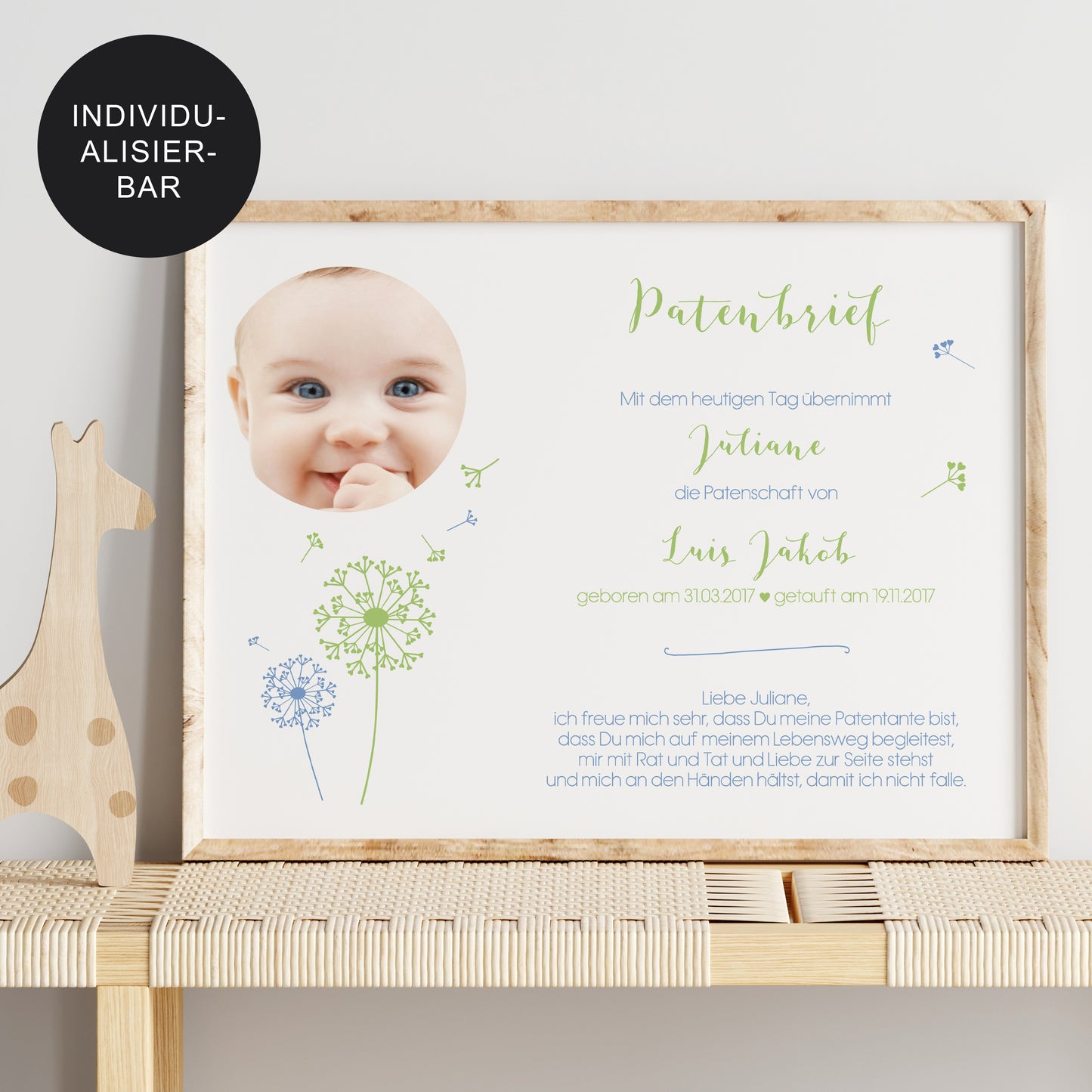 Patenbrief Pusteblume personalisiert zur Taufe an Patenkind