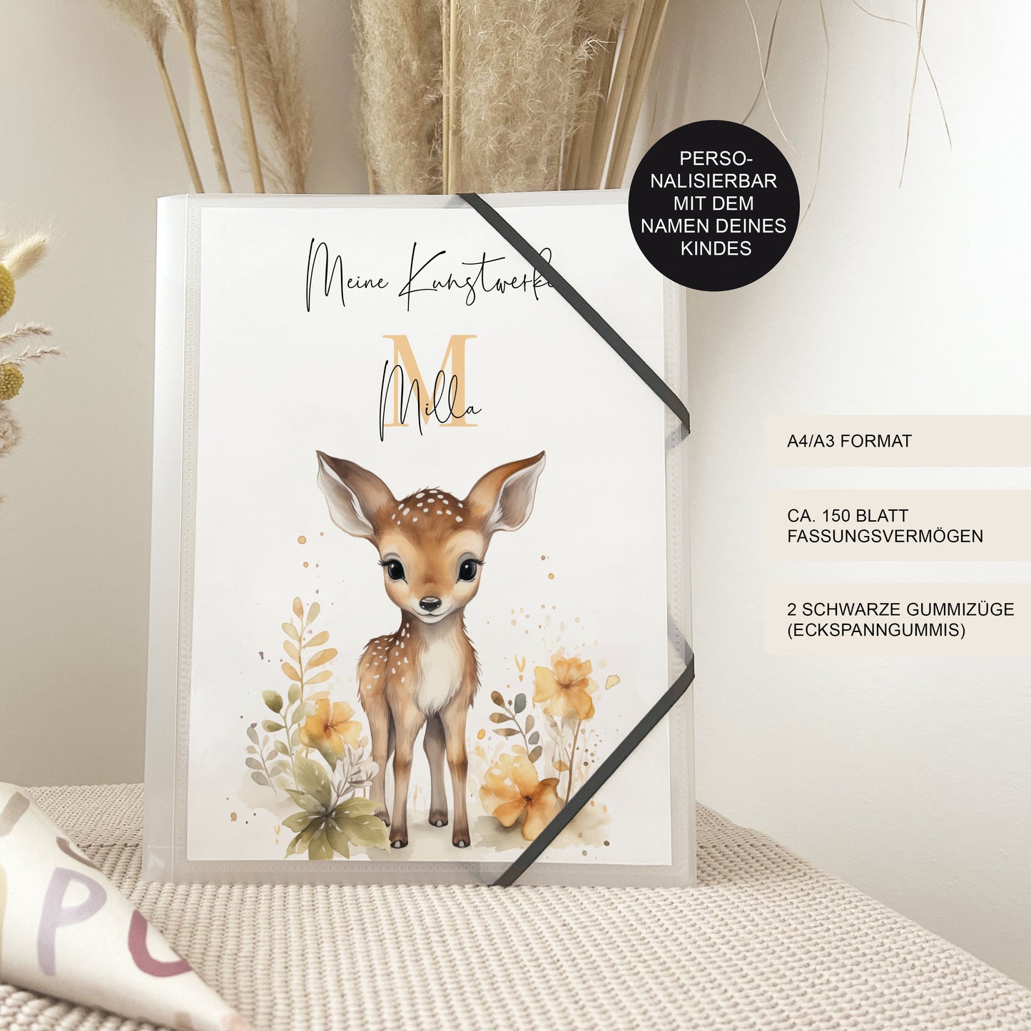 Zeichenmappe A4 & A3 "Rehkitz Blumen" für Kindergarten und Schule – Kunstmappe