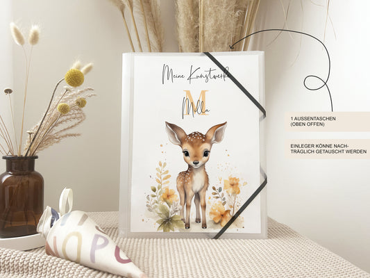 Zeichenmappe A4 & A3 "Rehkitz Blumen" für Kindergarten und Schule – Kunstmappe