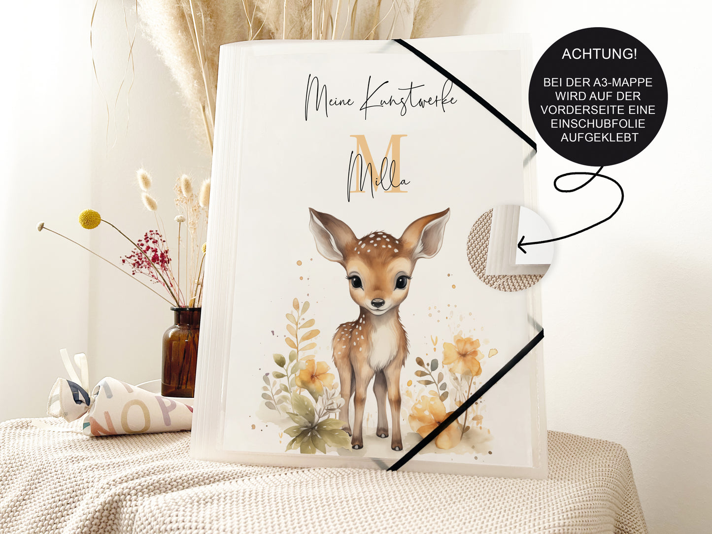 Zeichenmappe A4 & A3 "Rehkitz Blumen" für Kindergarten und Schule – Kunstmappe