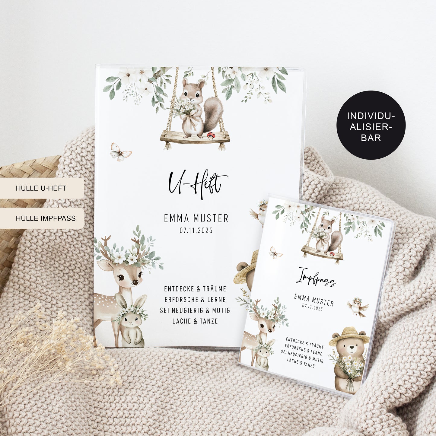U-Heft Hülle Set personalisiert BLUMENTIERE – Geschenk zur Geburt
