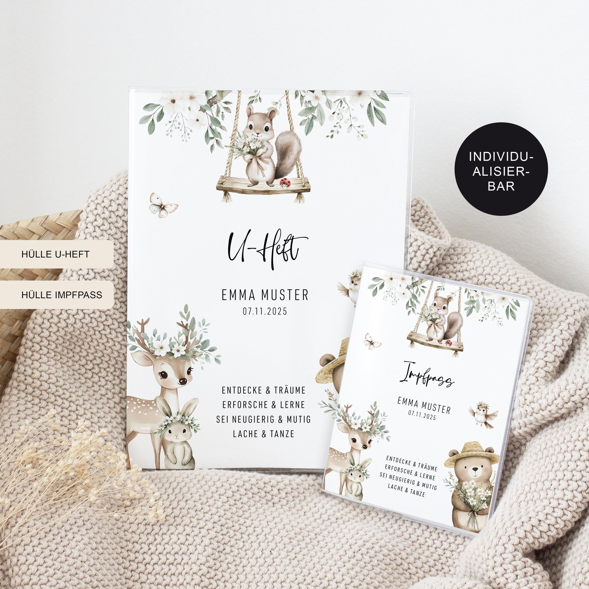 U-Heft Hülle Set personalisiert BLUMENTIERE – Geschenk zur Geburt