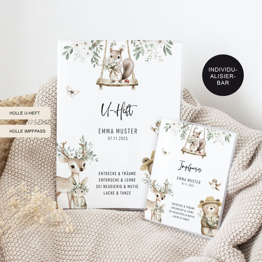 U-Heft Hülle Set personalisiert BLUMENTIERE – Geschenk zur Geburt