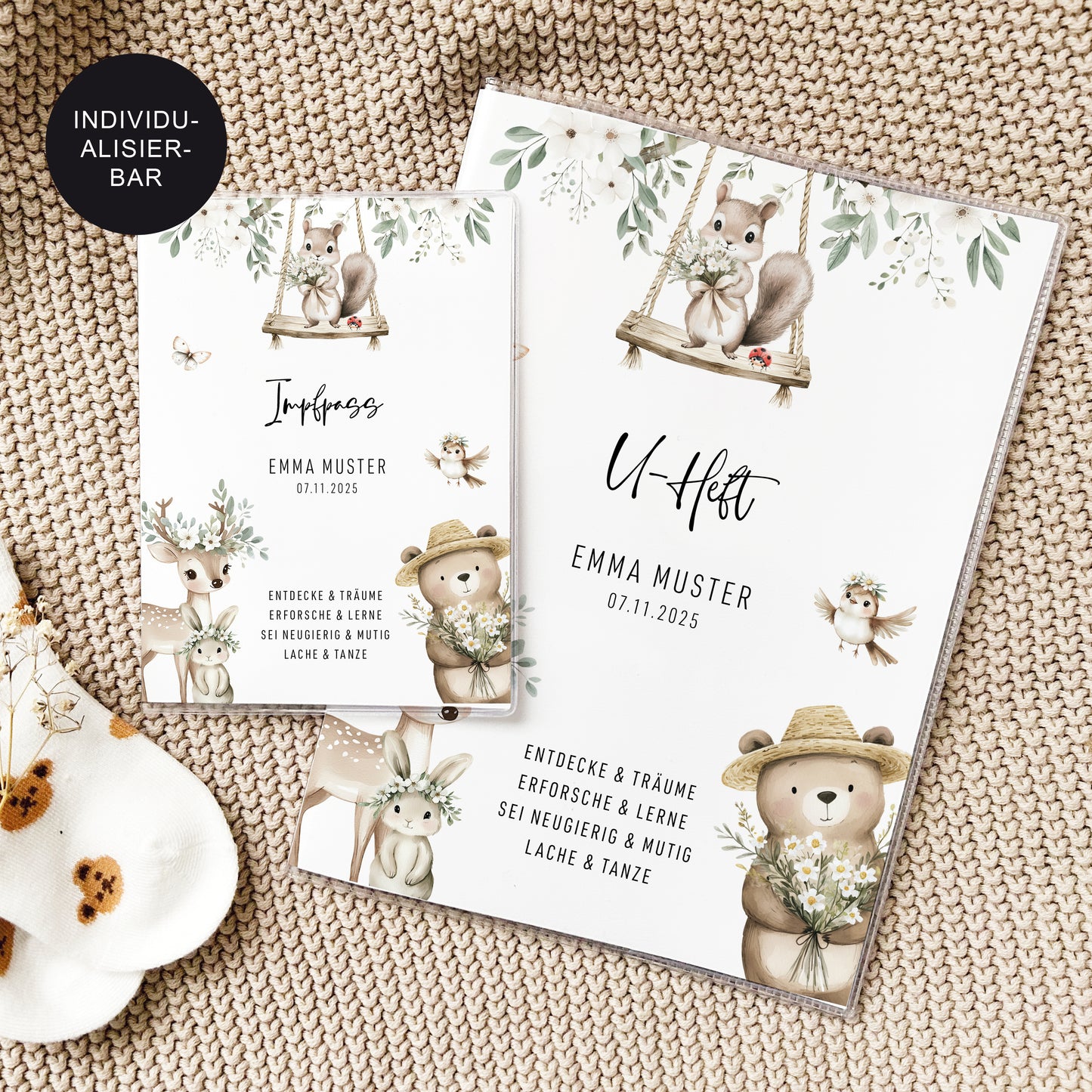 U-Heft Hülle Blumentiere mit Namen | Personalisiertes Geschenk zur Geburt