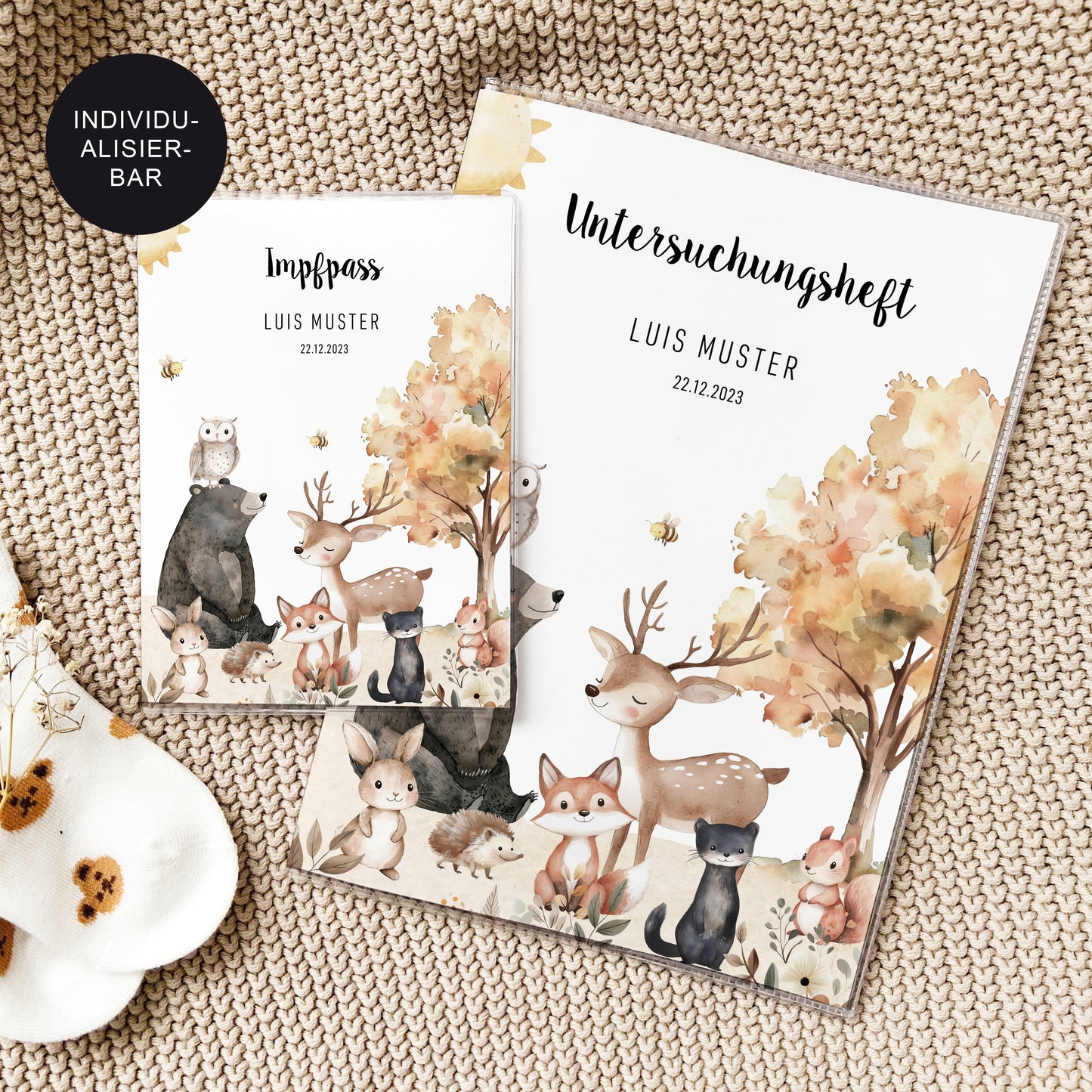 U-Heft Hülle personalisiert & Impfpass "Waldtiere" – Geschenk Geburt Baby