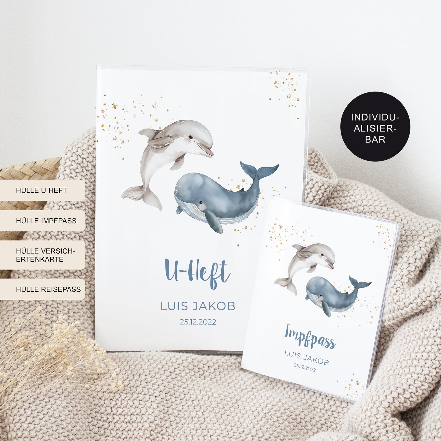 U-Heft Hülle mit Impfpass "Wal und Delfin" personalisiert – Geschenk Geburt Baby Neugeborenes