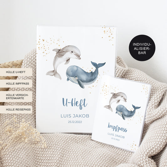 U-Heft Hülle mit Impfpass "Wal und Delfin" personalisiert – Geschenk Geburt Baby Neugeborenes