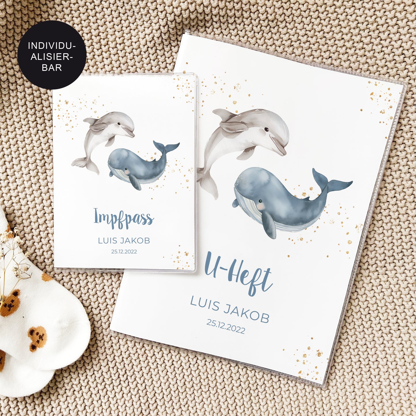 U-Heft Hülle mit Impfpass "Wal und Delfin" personalisiert – Geschenk Geburt Baby Neugeborenes