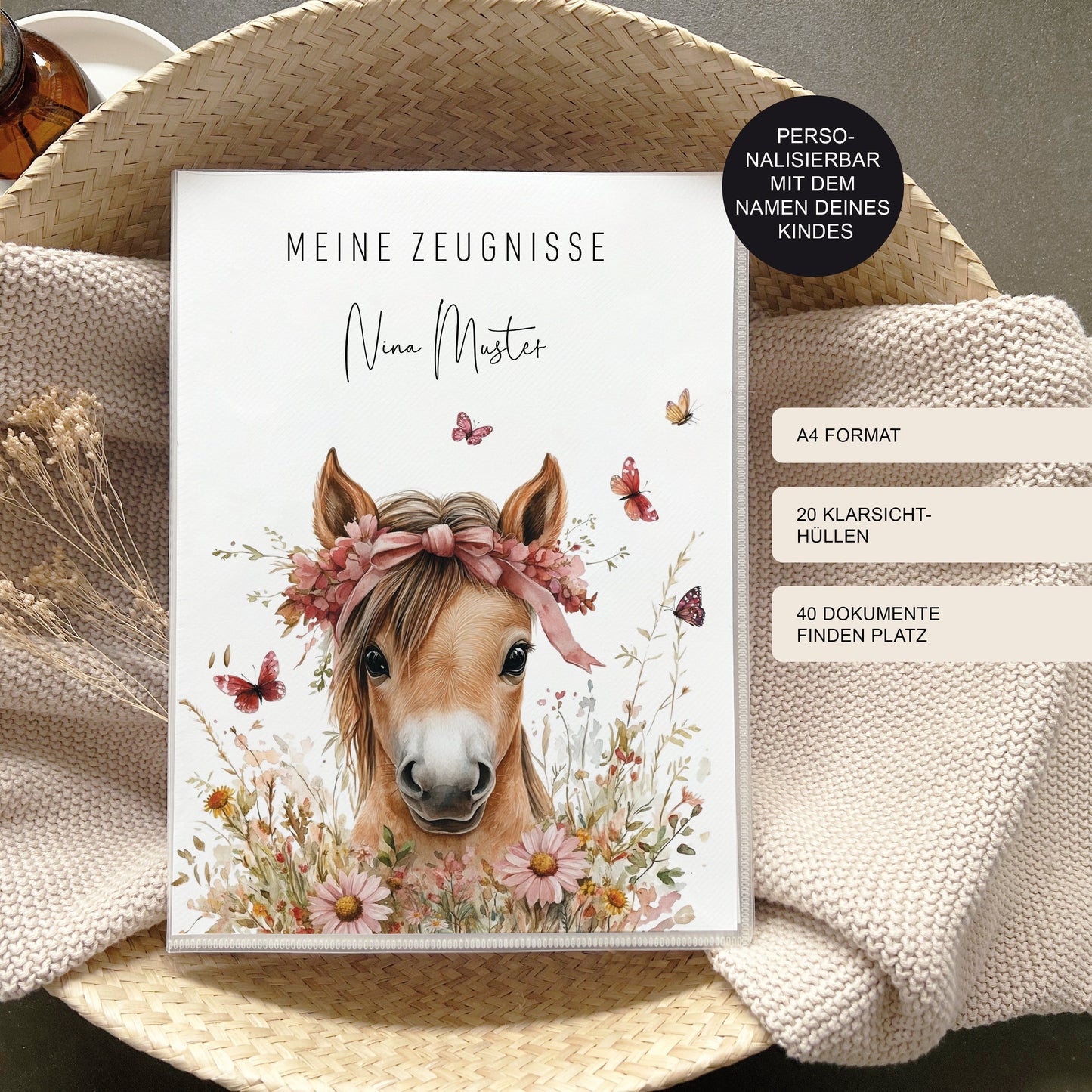 Einschulungsgeschenk für Mädchen | Zeugnismappe Pferd personalisiert