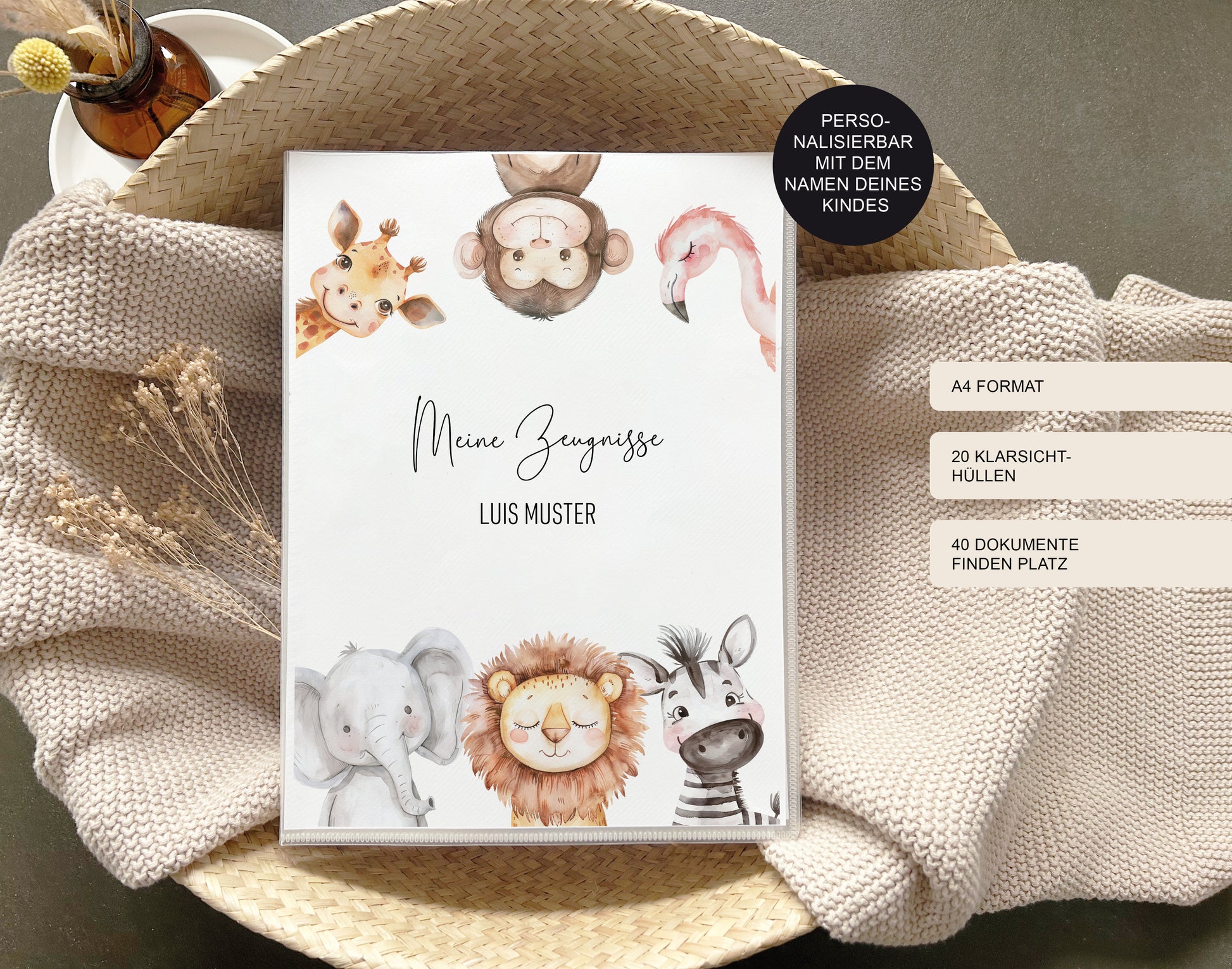 Zeugnismappe "Safari Porträt" personalisiert / Sammelmappe Geschenk Einschulung
