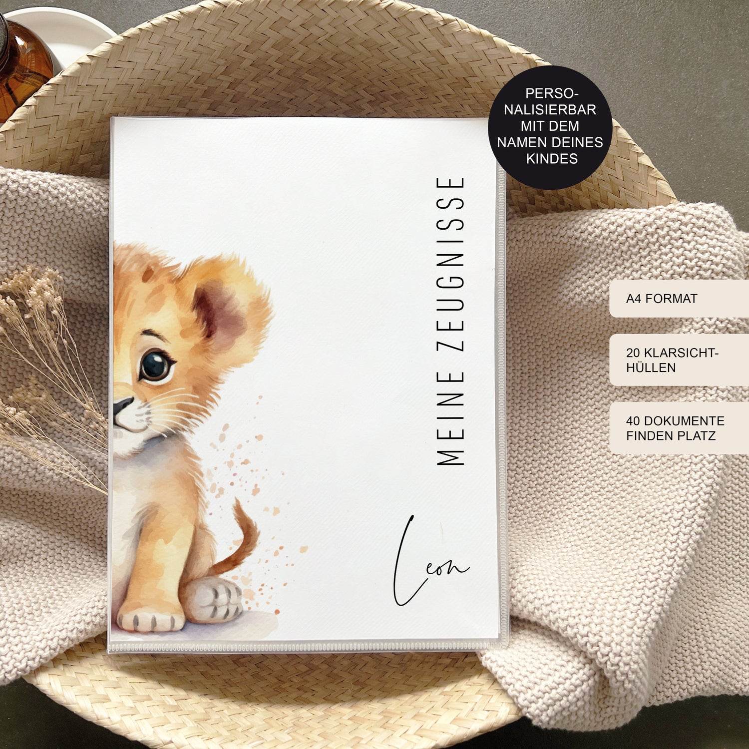 Mappe Zeugnisse für Kinder "Löwe" personalisiert / Geschenk Schule erster Schultag