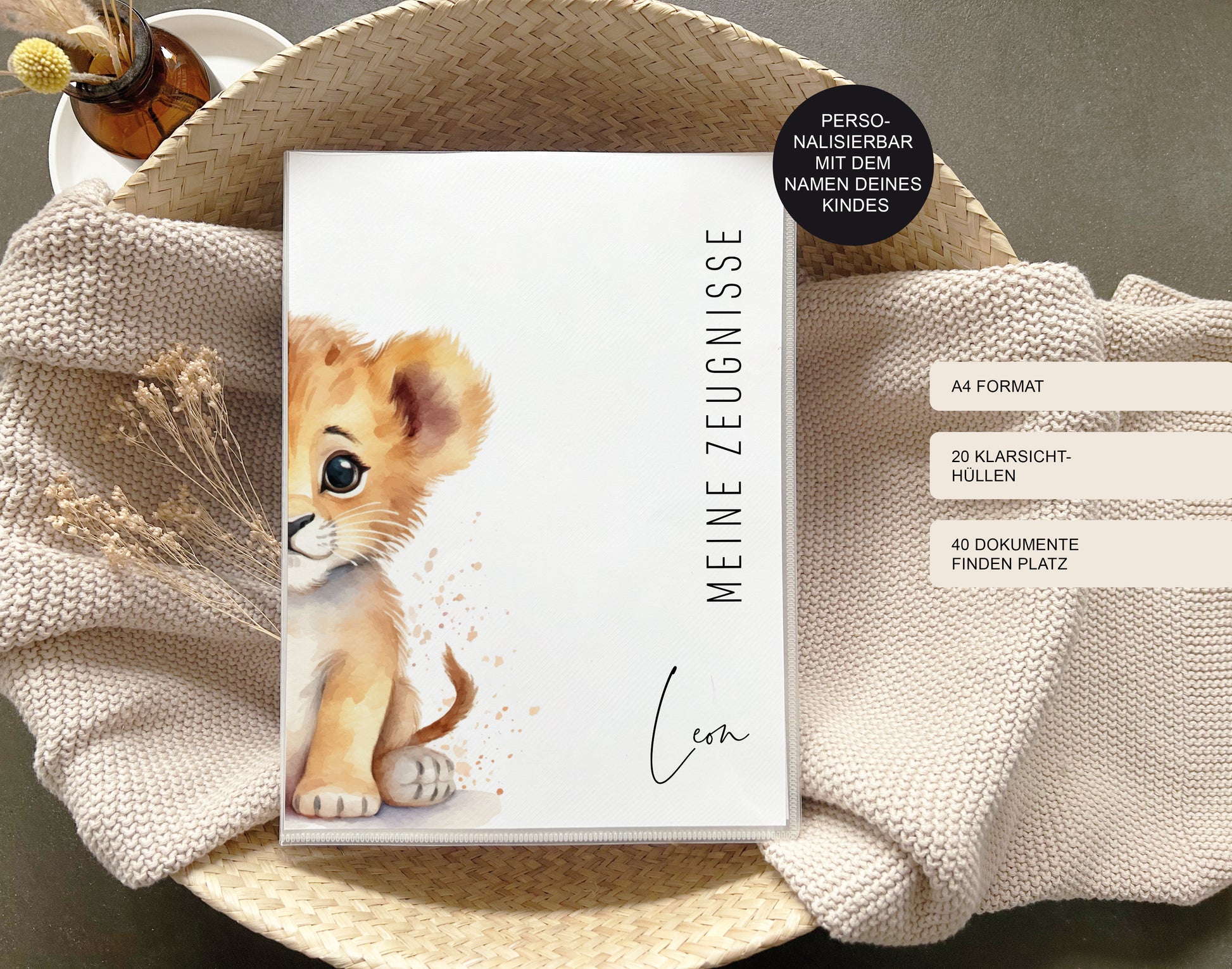 Zeugnismappe "Löwe" personalisiert / Geschenk Schule erster Schultag